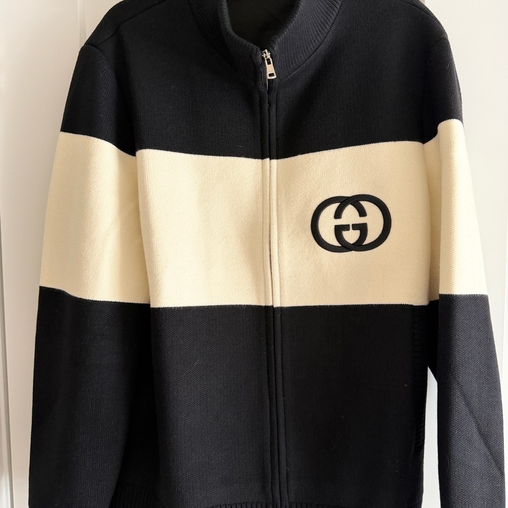 Gucci Black and Cream Zip-Front Knit Jacket